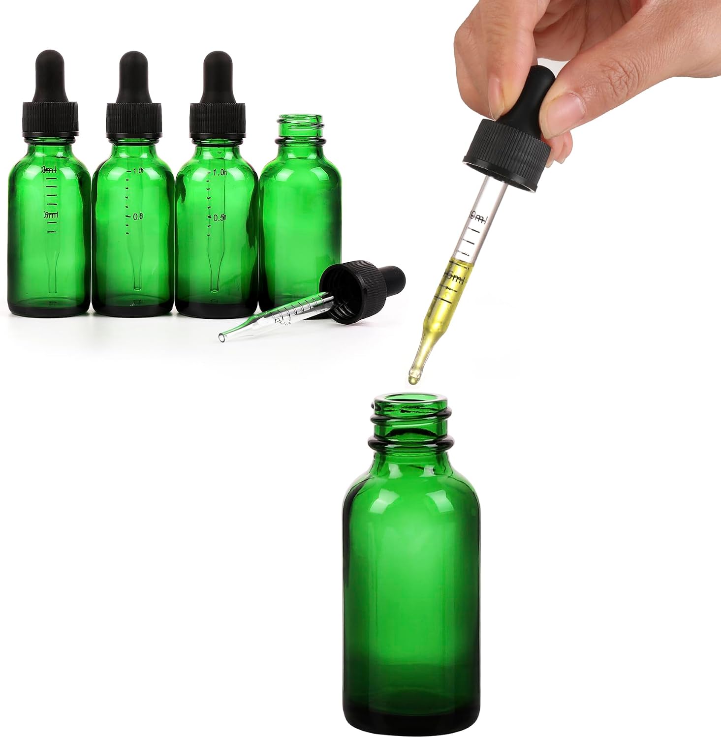NOOEEISS 24 Pack,1oz Glass Dropper Bottle,Green Tincture Bottles with Dropper,Pretty Finish for All Kinds of Liquids,Oil Bottles for Hair- Stronger Suction ideal for Leakproof Travel