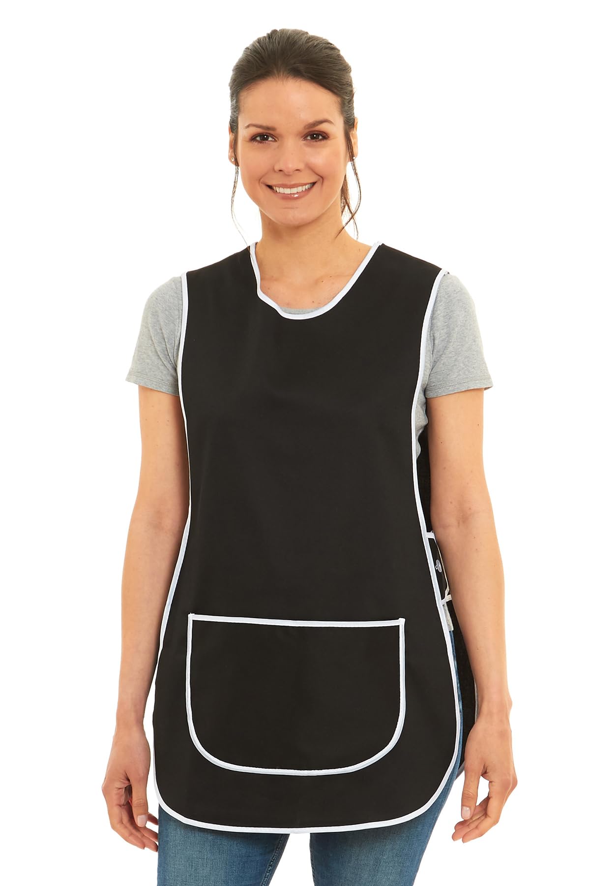 Ladies Plain Tabard with White Piping Apron Overalls Front Pocket Stylish Tabards for Women Casual Aprons for Women Home Kitchen Restaurants Coffee Shops UK Made (Black, XXL)