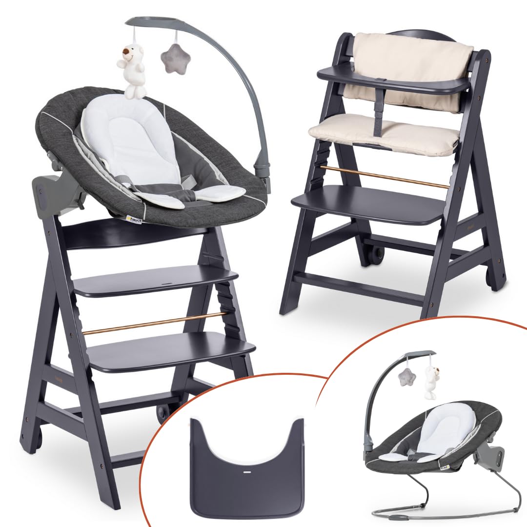 hauck Trona Beta Newborn Set de Trona Evolutiva Bebe apta desde el Nacimiento, Tronas de Bebe Evolutiva con Hamaca, Cojín y Bandeja, Silla Bebe Madera - Melange Grey