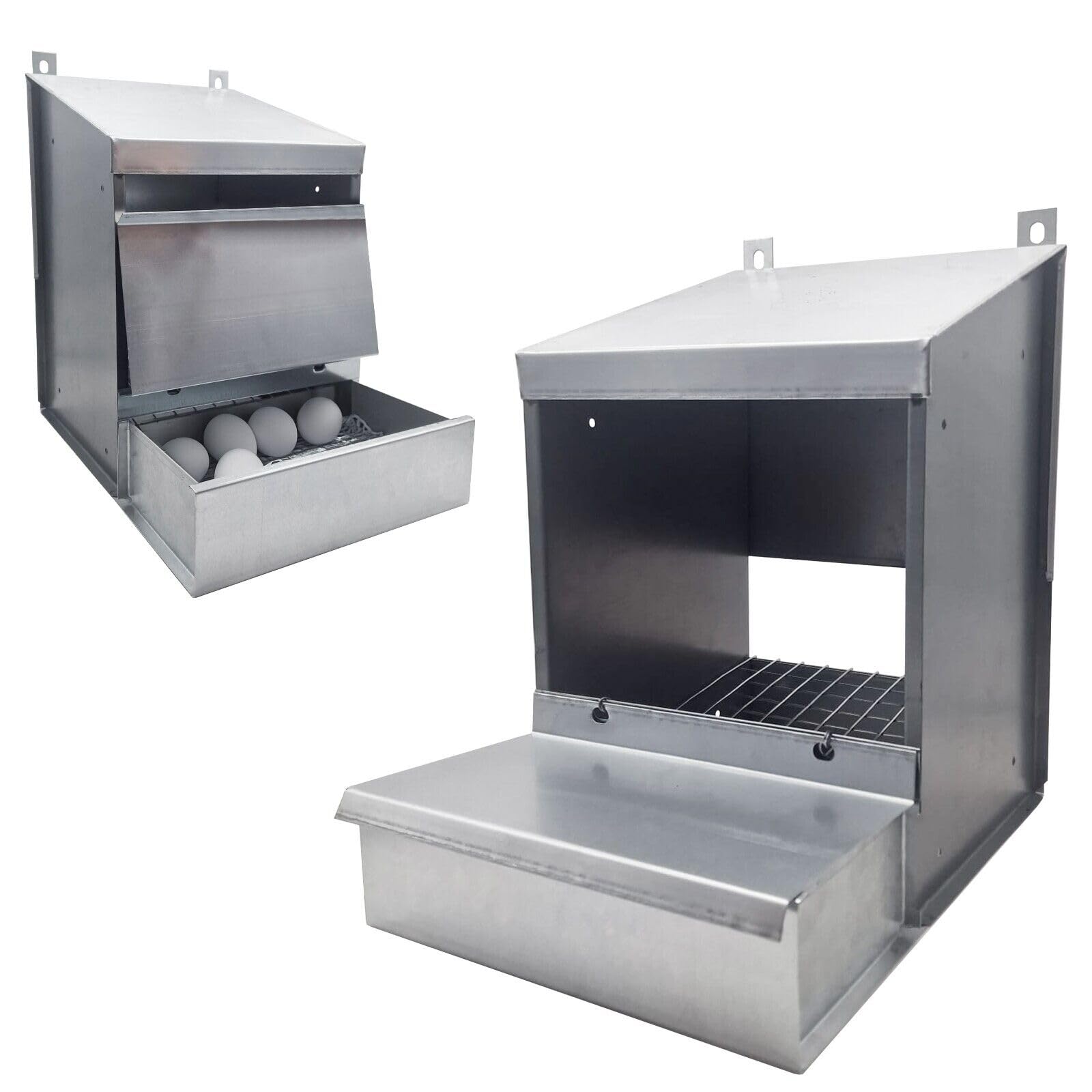 MAKA Nido per Galline Ovaiole 1 Posto Struttura in Lamiera e Rete Zincata Inclinata con Raccolta Uova Cassetta Contenente 30 Uova Ideale Pollaio Interno ed Esterno Tetto Spiovente 33x31x50 cm
