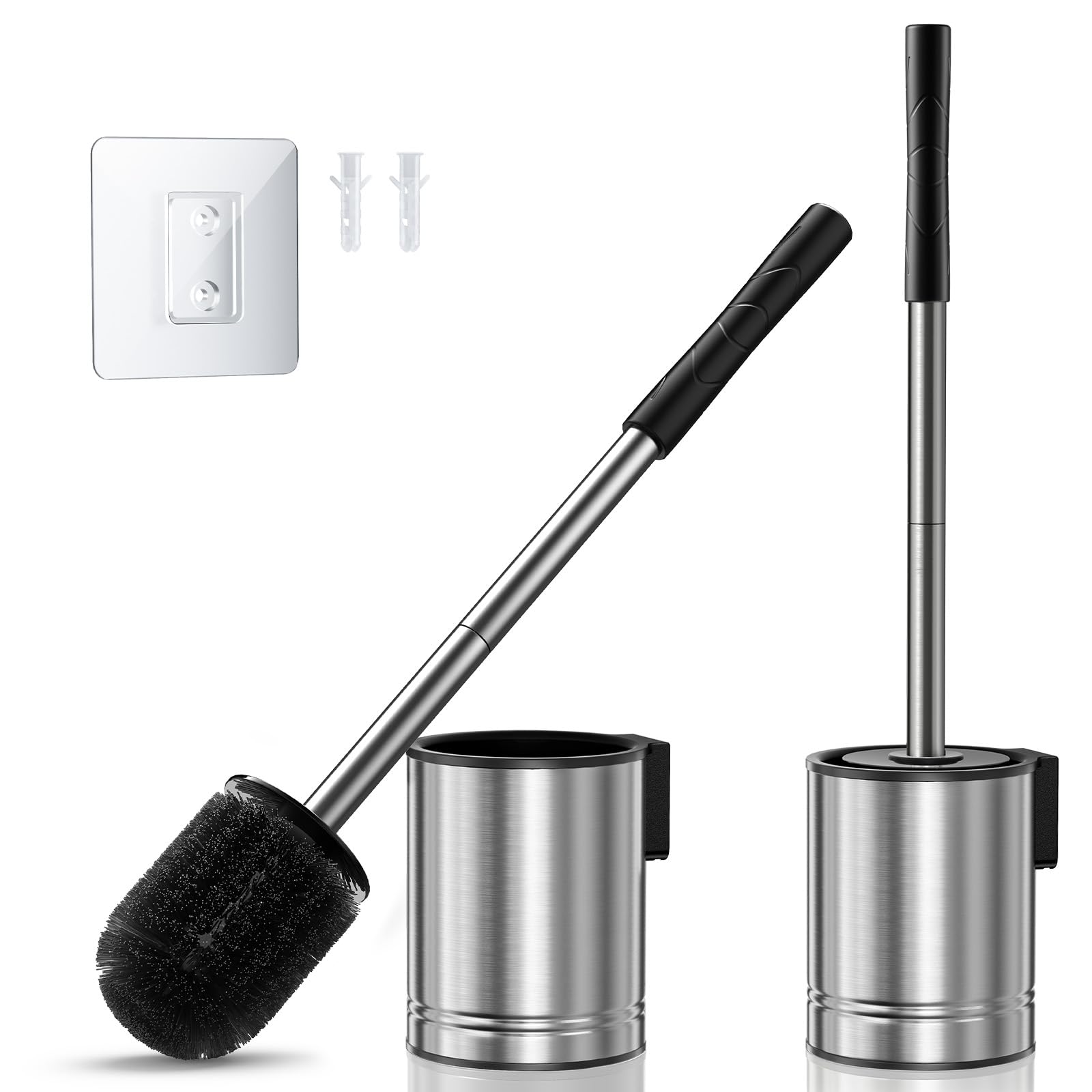 HAMITOR Toilet Brush and Holder Set: Silver Stainless Steel Wall-Mounted Toilet Cleaner Brush for Compact Bathroom – Durable and Space-Saving Loo Brushes for Small Homeowners & Renters, 2 Pack