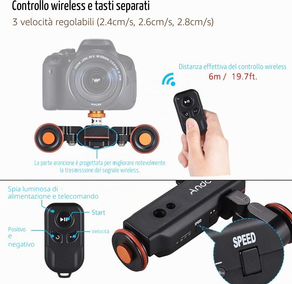 Andoer L4 Autodolly 3 velocità regolabile con telecomando senza fili / 1800mAh Batteria Slider Rolling Skater per Canon Nikon Sony DSLR iPhone 7 7 plus 6 plus per Samsung Huawei (Nero1)