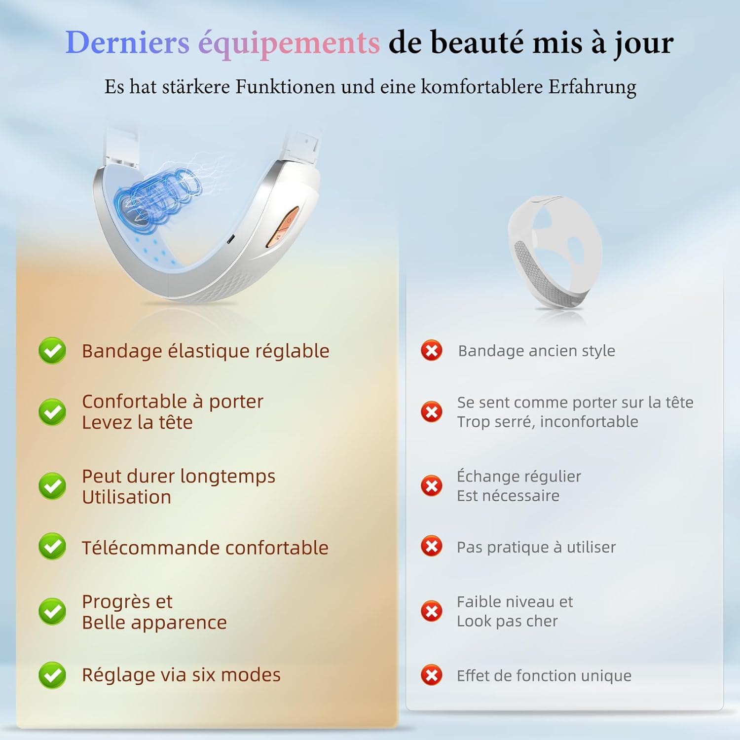 Aparato de elevación facial, EMS masaje facial, 6 modos V-Face Shaping Masajeador eléctrico, masaje facial con luz roja y azul con mando a distancia