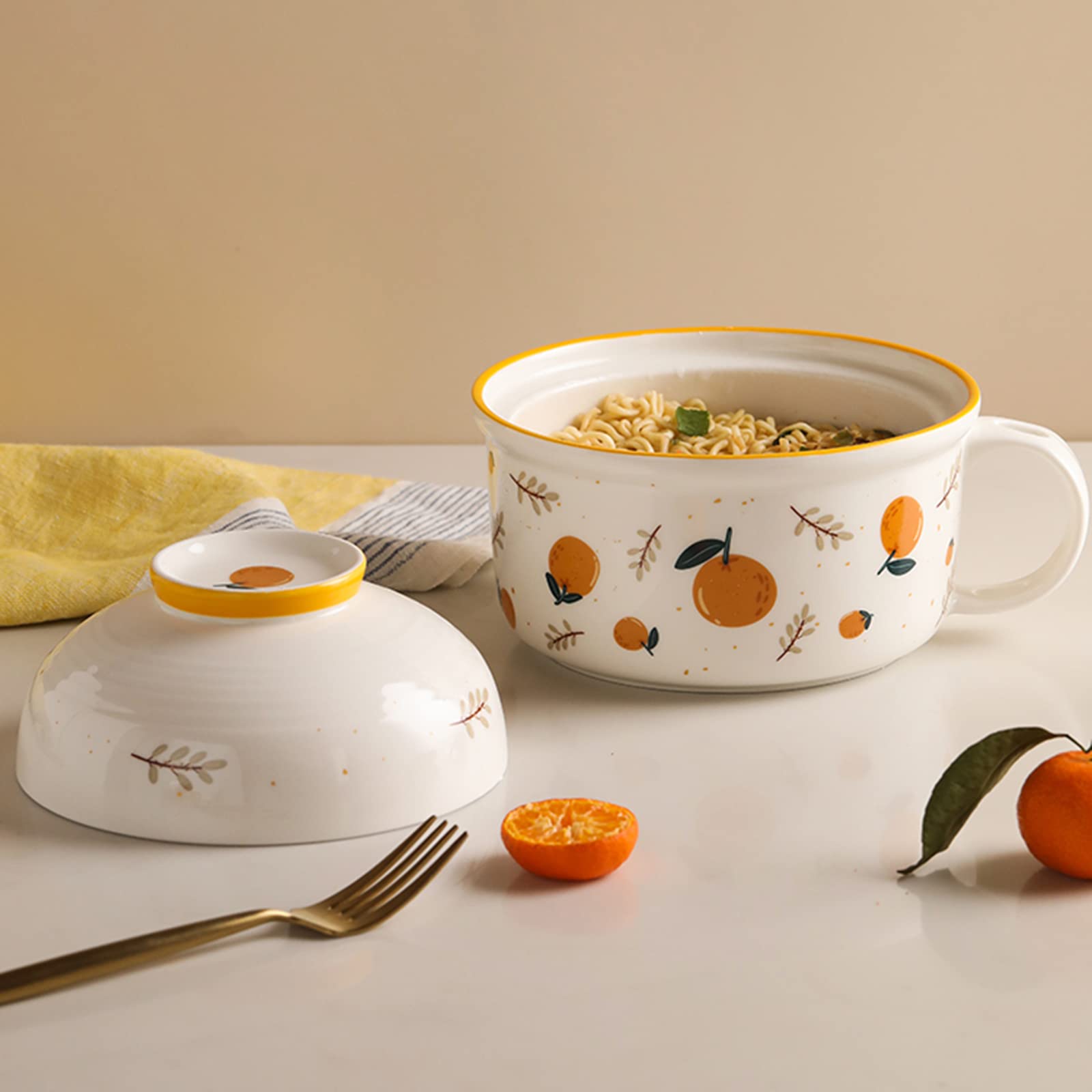 Ceramiczna Miska Na Makaron Instant, Śniadanie/Obiad Z Uchwytem I Pokrywką, Bezpieczna Do Mikrofalówki, Zupa, Sałatka, Płatki Zbożowe, Do Biura W Akademiku - 750 Ml + 390