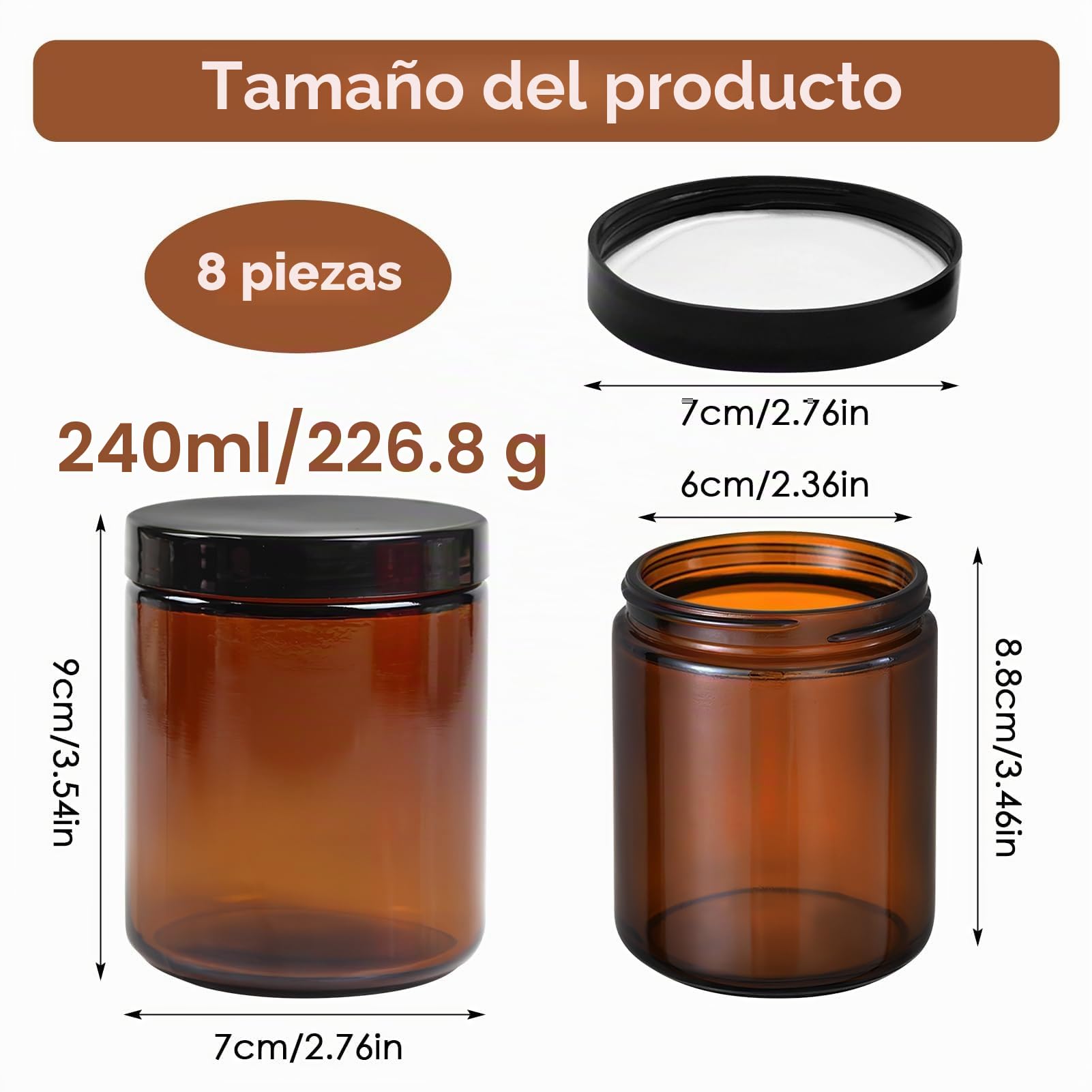 Tarros de crema para rellenar, juego de 8 recipientes de cristal marrón 240 ml con tapa, ideal para cosméticos, especias y productos de bricolaje, protección