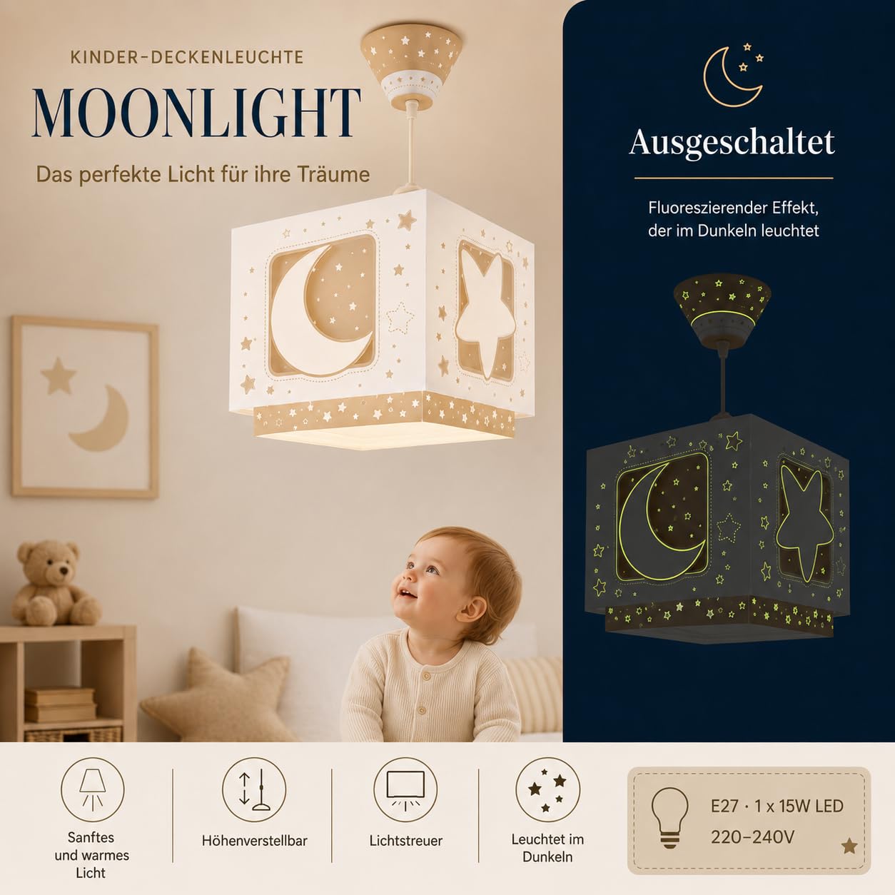 Dalber Kinder Pendelleuchte Moonlight Mond Sterne Beige 63232MB | Hängelampe; Deckenleuchte; Kinderzimmer; E27 - 1 x 15W