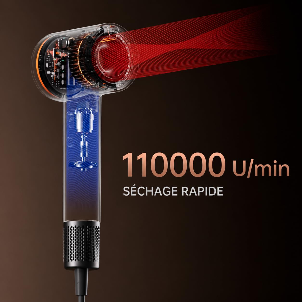 Hochgeschwindigkeits Föhn mit Premium PU Hartschalenbox, Schnelles Trocknen, 110.000 U/min Ionen Haartrockner, 59dB Leise, 200 Mio. Negativ-Ionen, LCD Display, NTC Temperaturregelung