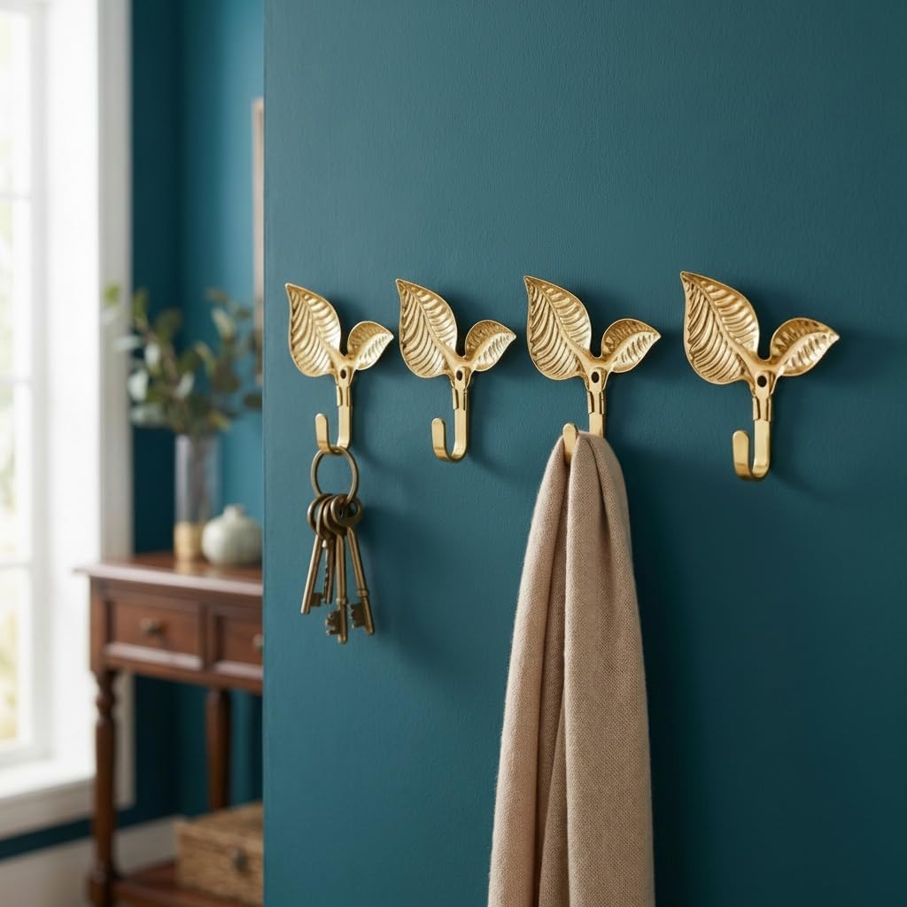 4Pcs Decorative Wall Hooks Rustic Iron Single Hook for Hanging Coats Towels Keys Bags Small Kitchen or Home Hooks Vintage Gold Screw-in Coat Rack Hooks(Gold)