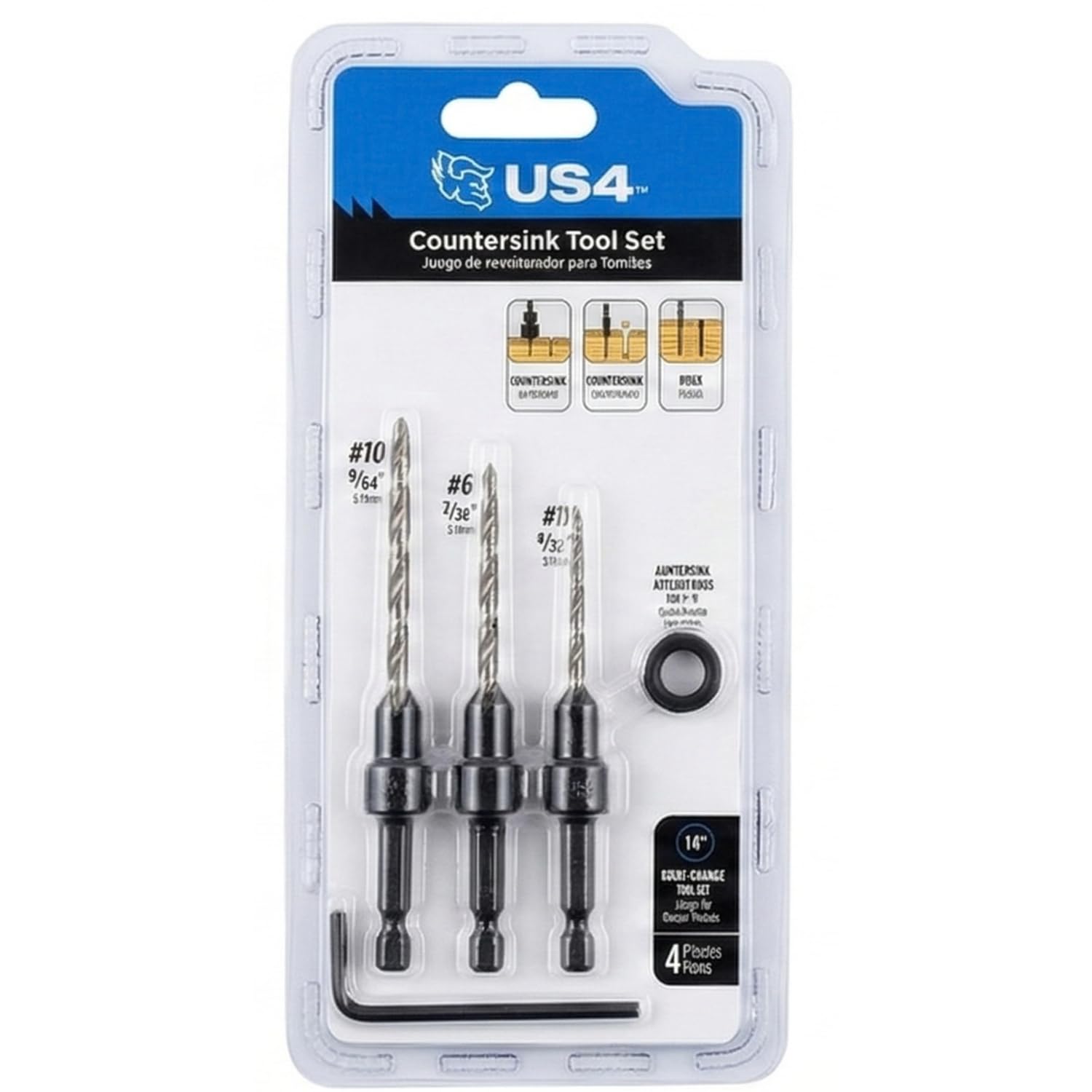 US4 Professional Countersink Drill Bit Set (3/16"- 11/64", 9/64" +1 Collar) Four-Cutter Design, Adjustable Stop Collar, Tapered Pilot Bits for Woodworking, Carpentry & DIY