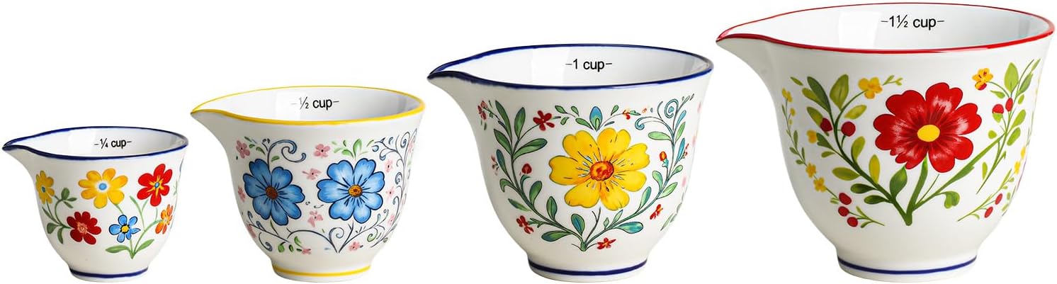 Sizikato Ceramic Measuring Cup Set for Cooking and Baking, 4-Piece Set, Floral Pattern