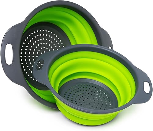 Juego de 2 coladores plegables de silicona, de grado alimenticio, perfecto para drenar pasta, verduras y frutas (verde)