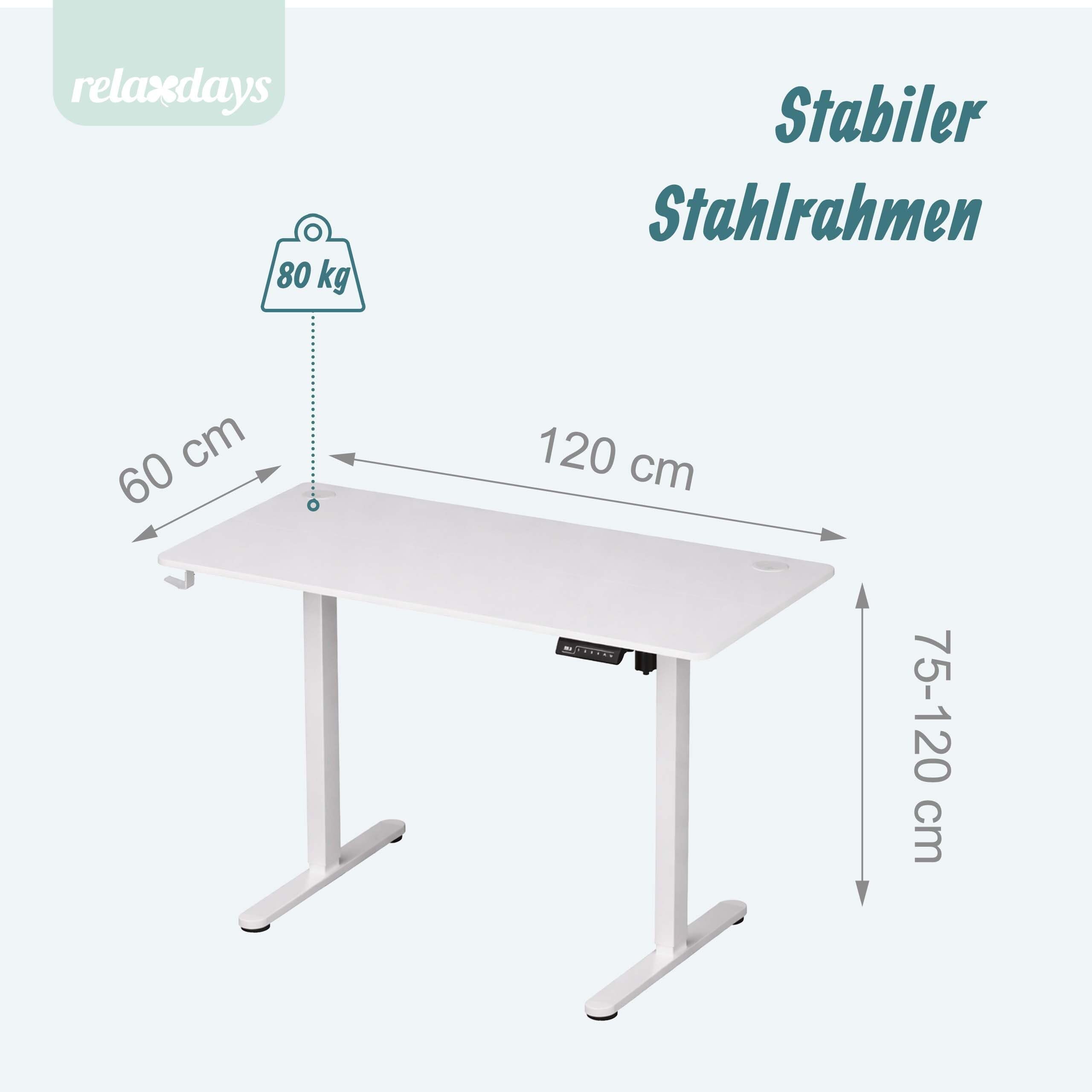 Relaxdays höhenverstellbarer Schreibtisch, elektrisch, Stehtisch Display, HBT: 120x120x60 cm, Metall, Holzoptik, weiß