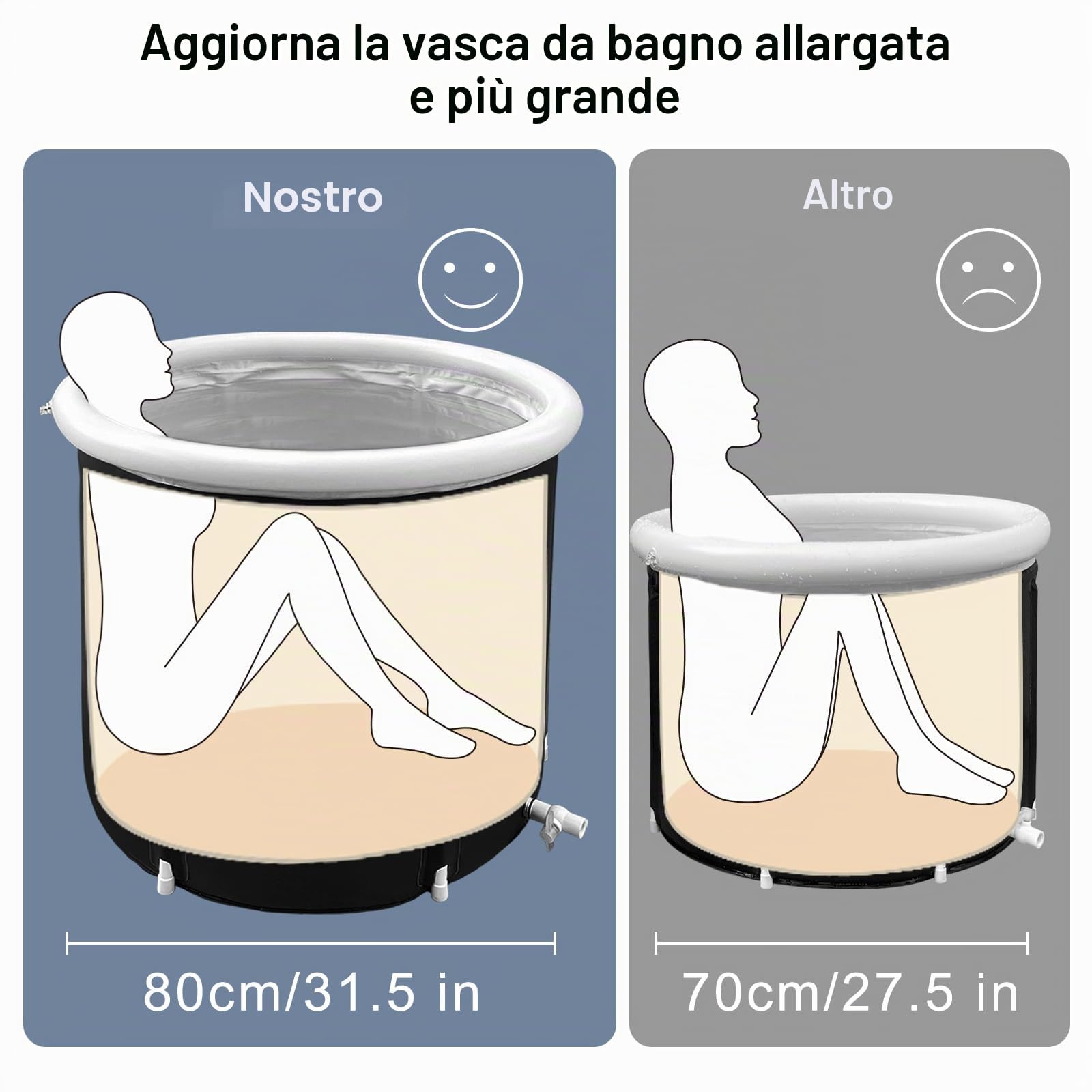 Vasca da bagno pieghevole con coperchio, 80X80 cm, grande bagno di ghiaccio, gonfiabile, vasca da bagno per adulti, botte di ghiaccio per attività all'aperto, vasca da bagno indipendente