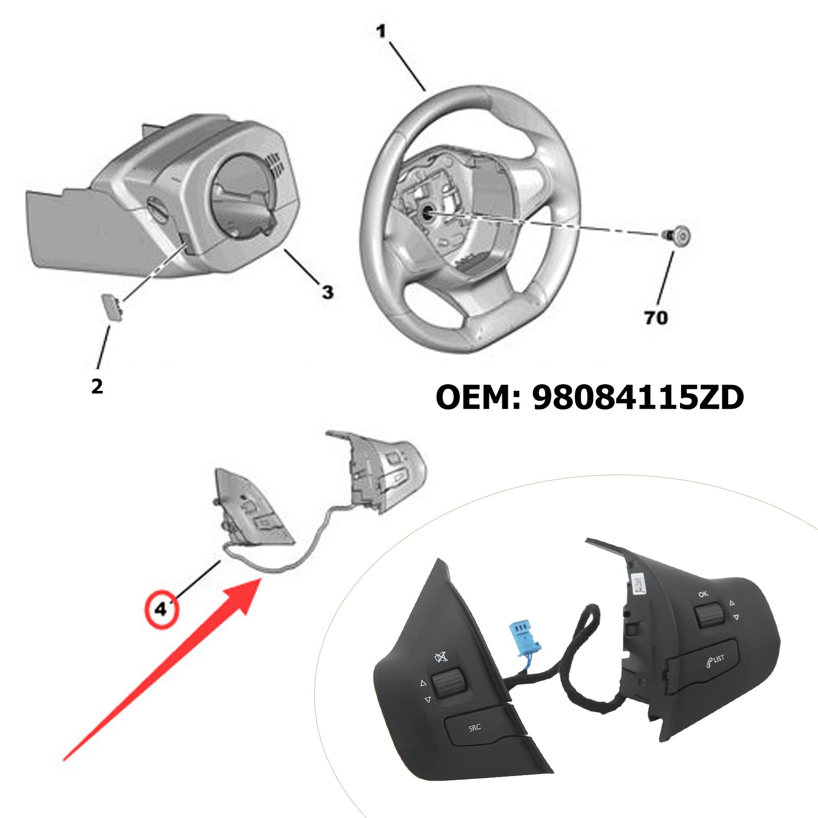 Volante Interno Automobilistico Swith Pulsante di Controllo 98084115Zd Sostituzione Nera Multifunzione per 208