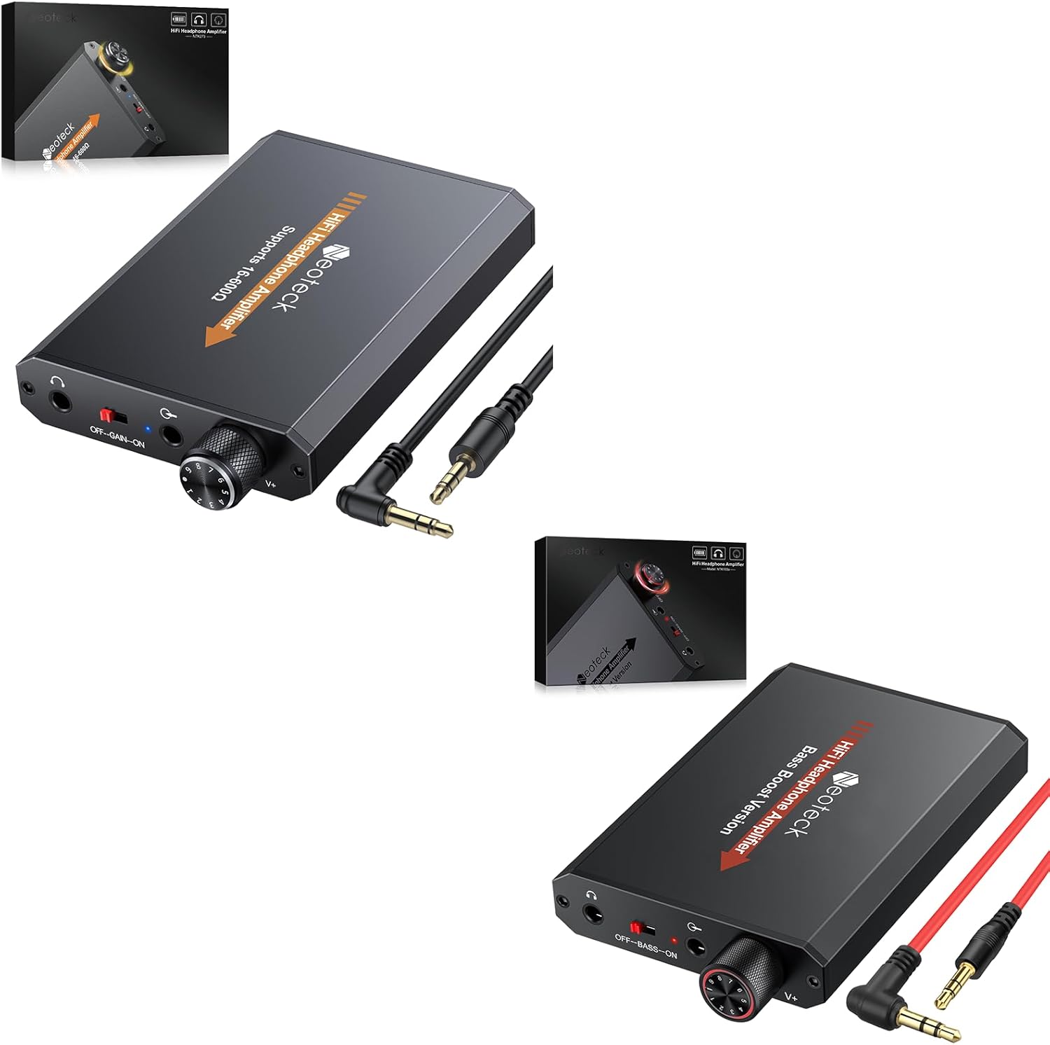 Neoteck Audio Amplifier Bundle: 16-600 Ohm Portable Headphone Amp & 3.5mm Headphone Amp with Bass Boost, Volume Control, Two-Stage Gain Switch, Aluminum Matte Surface for PC, Phones, PS4/PS5, MP3/MP4