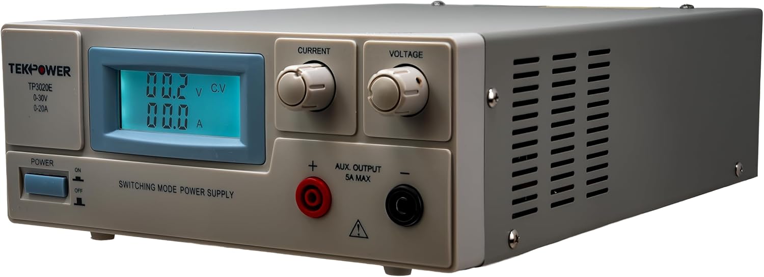 TekPower TP3020E Adjustable DC Regulated Power Supply 30V 20A Switching Power Supply with LCD Display, Low Ripple, and Dual Output (Main + AUX)