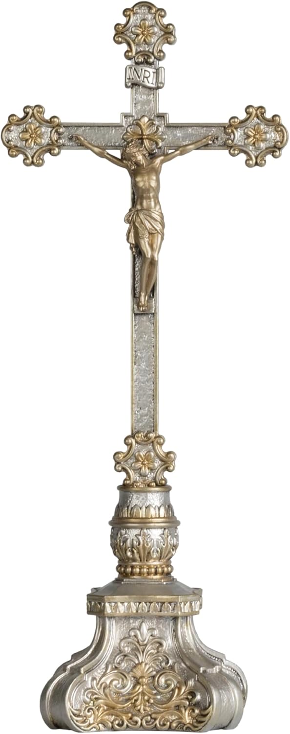 Grace4Joy Crucifix Stand, 18 Inches Standing Crucifix Catholic Table Altar Decor, Hand Painted Jesus Cross with Ornate Base Antique Home Deocr