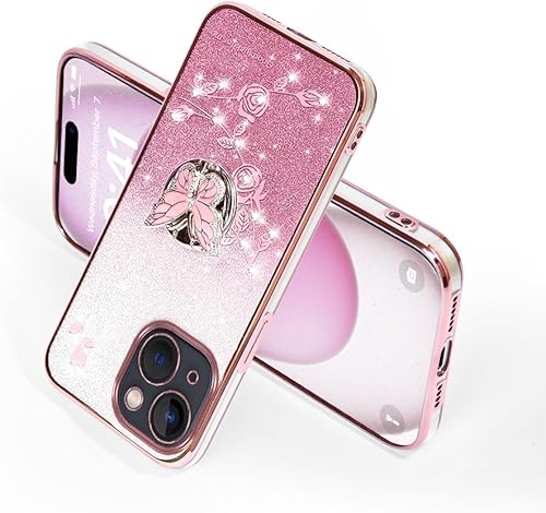 Miniatura 7 de Funda protectora para Apple iPhone 14 (6.1 pulgadas), para mujeres y niñas, funda protectora de TPU con diseño floral de mariposa con purpurina y