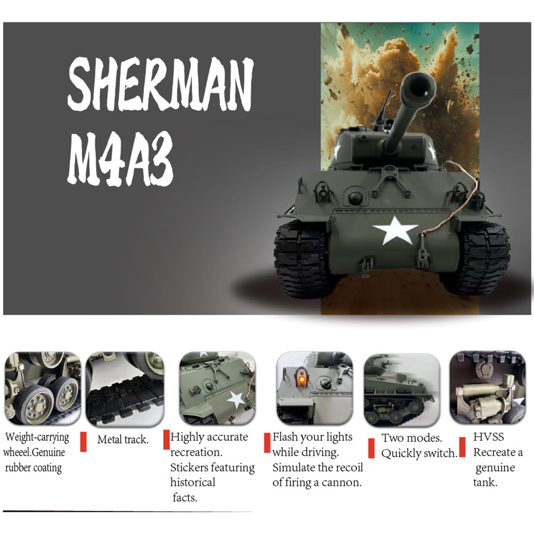 Czołg RC, 1:16 M4A3 Sherman VVSS wczesny zdalnie sterowany czołg z metalowymi gąsienicami, wieżą 360°, dymem, dźwiękiem i systemem bitwy na podczerwień, wojskowy pojazd RC 2,4 GHz dla