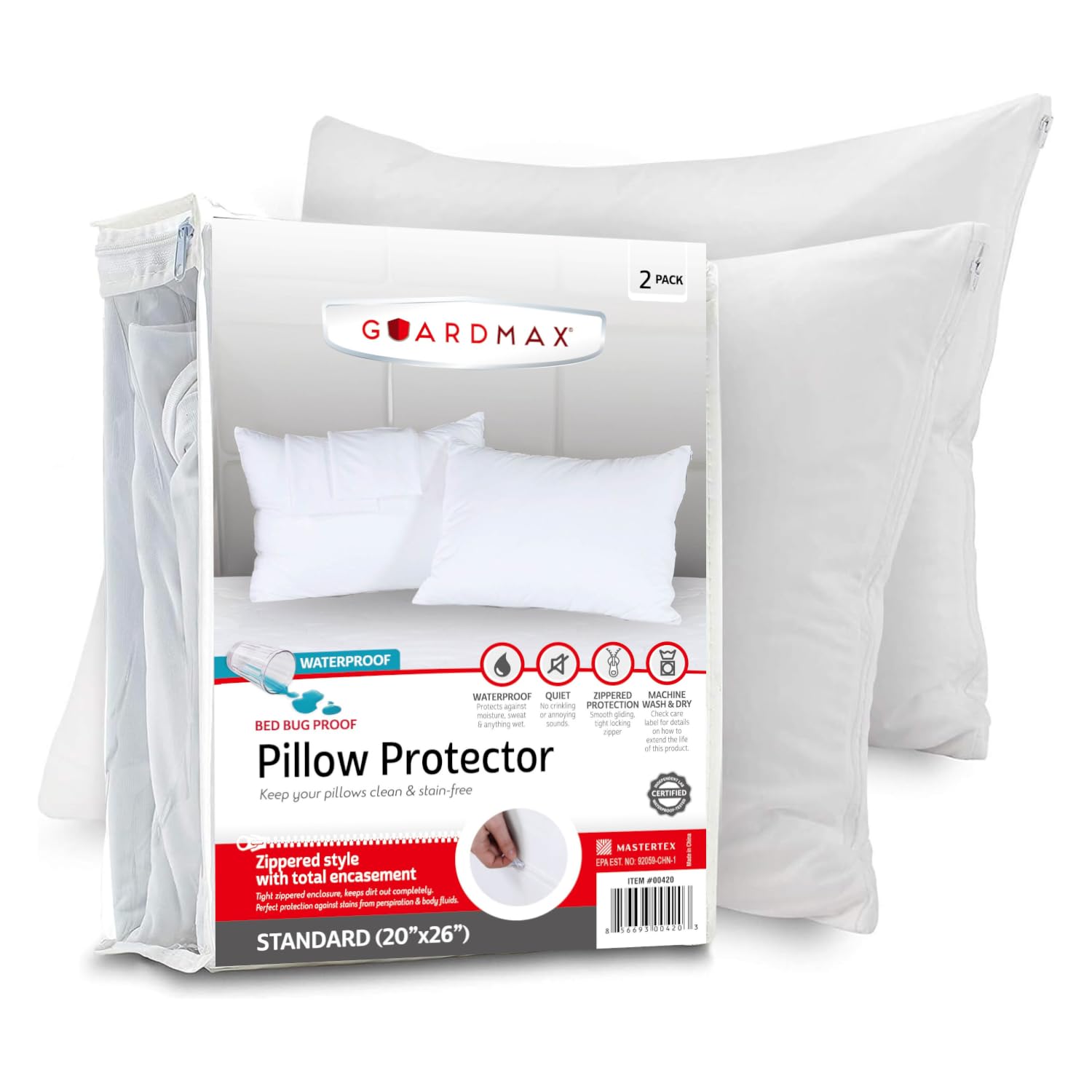 Guardmax Jersey Knitted Pillow Protector with Zipper Standard Size - 2 Pack -100% Waterproof, Bed Bug Proof, Dust Mite Proof, & Hypoallergenic Pillow Covers - Premium Zippered Pillow Cases. (20 X 26)
