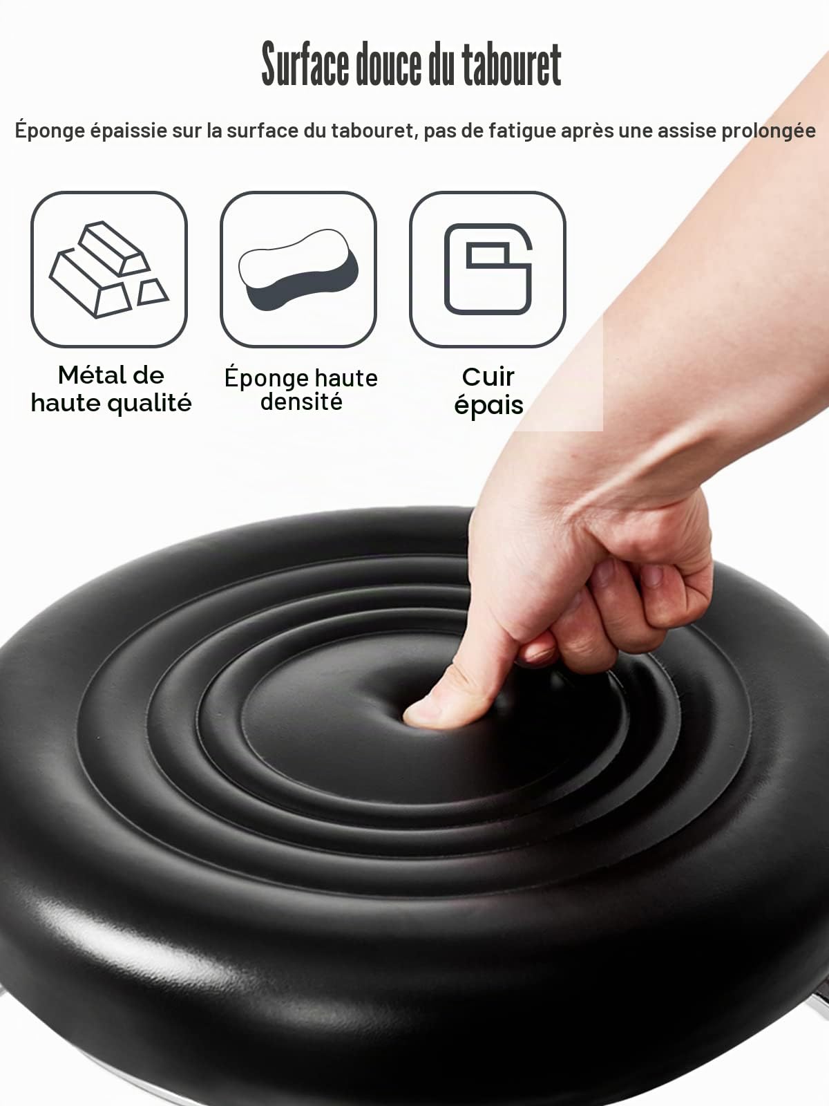 Kalolary Tabouret Pivotant à roulettes Réglable Siège Rond Base Métal Robuste Cuir Noir pour Salon Massage Coiffure Spa Thérapie Tatouage