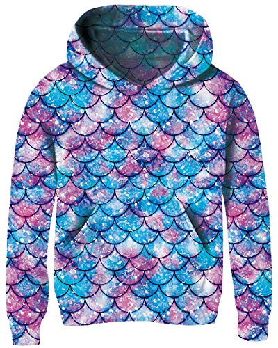 11 Years Old Girl's Mermaid Hooded Pullover Unique Fish Scale Print Hoodies Sweater for Juniors Girl Size 10-12 Long Sleeve Fall Clothes 13t Teens Novelty Animal Graphics Tracksuit Jersey Sweatshirts