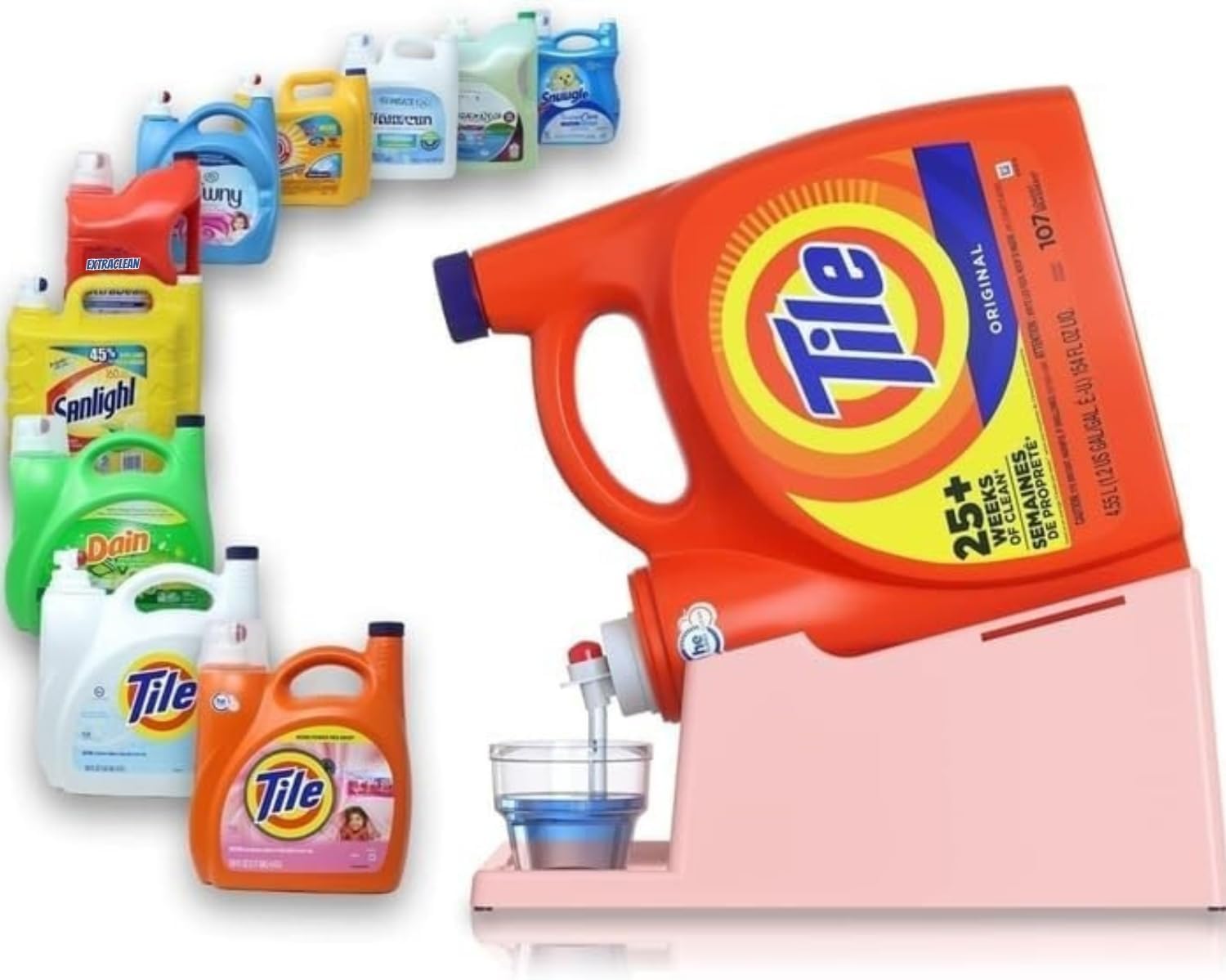 TidyFriend Liquid Laundry Detergent Holder Stand with Drip Tray & Rubber-Grip Feet, Stand for Laundry Room Organization and Storage, Fabric Softener Dispenser with Cup Holder for Easy Pouring (Rose)