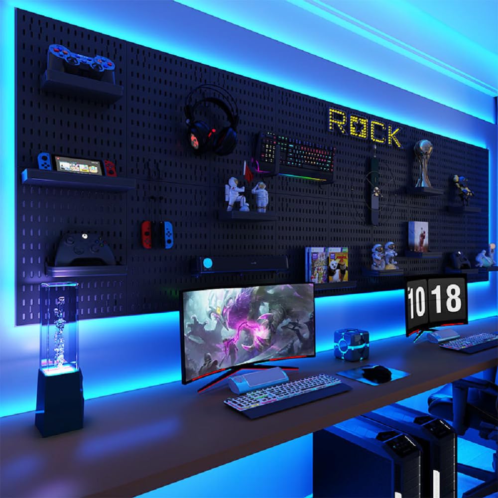 Stecktafel mit RGB- und IC-LED-Lichtstreifen, 2 Metall-Stecktafeln, robust, Gaming-Raum-Wand-Organizer mit Haken, DIY-RGB-Gaming-Setup-Organizer, Wandmontage, 30,5 x