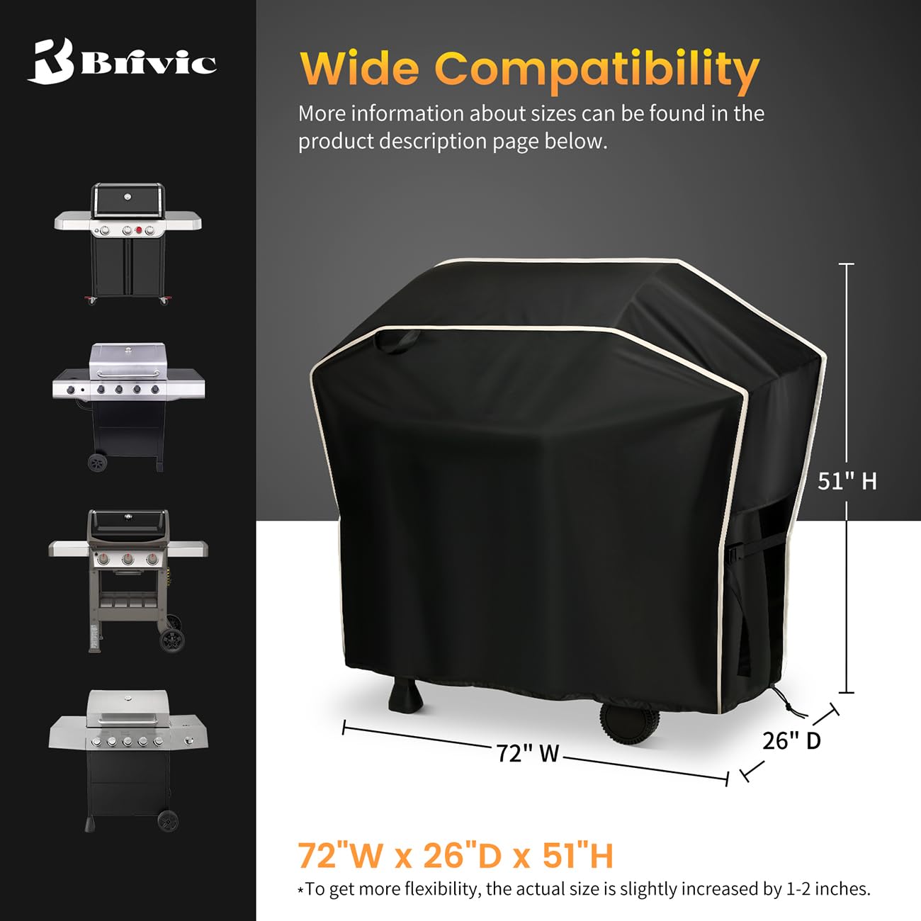Copertura per barbecue a gas, impermeabile, anti-UV, antistrappo, resistente allo sbiadimento, resistente, 182,9 x 66 x 129,5 cm (larghezza x profondità x altezza), colore: nero