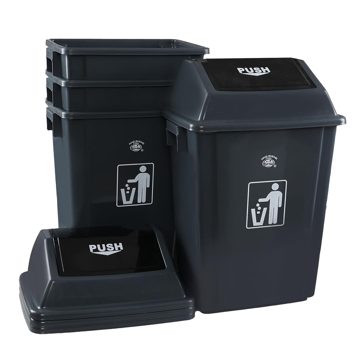 18 Gallon Large Swing Lid Trash Can, 4 Pack Plastic Garbage Can, Grey