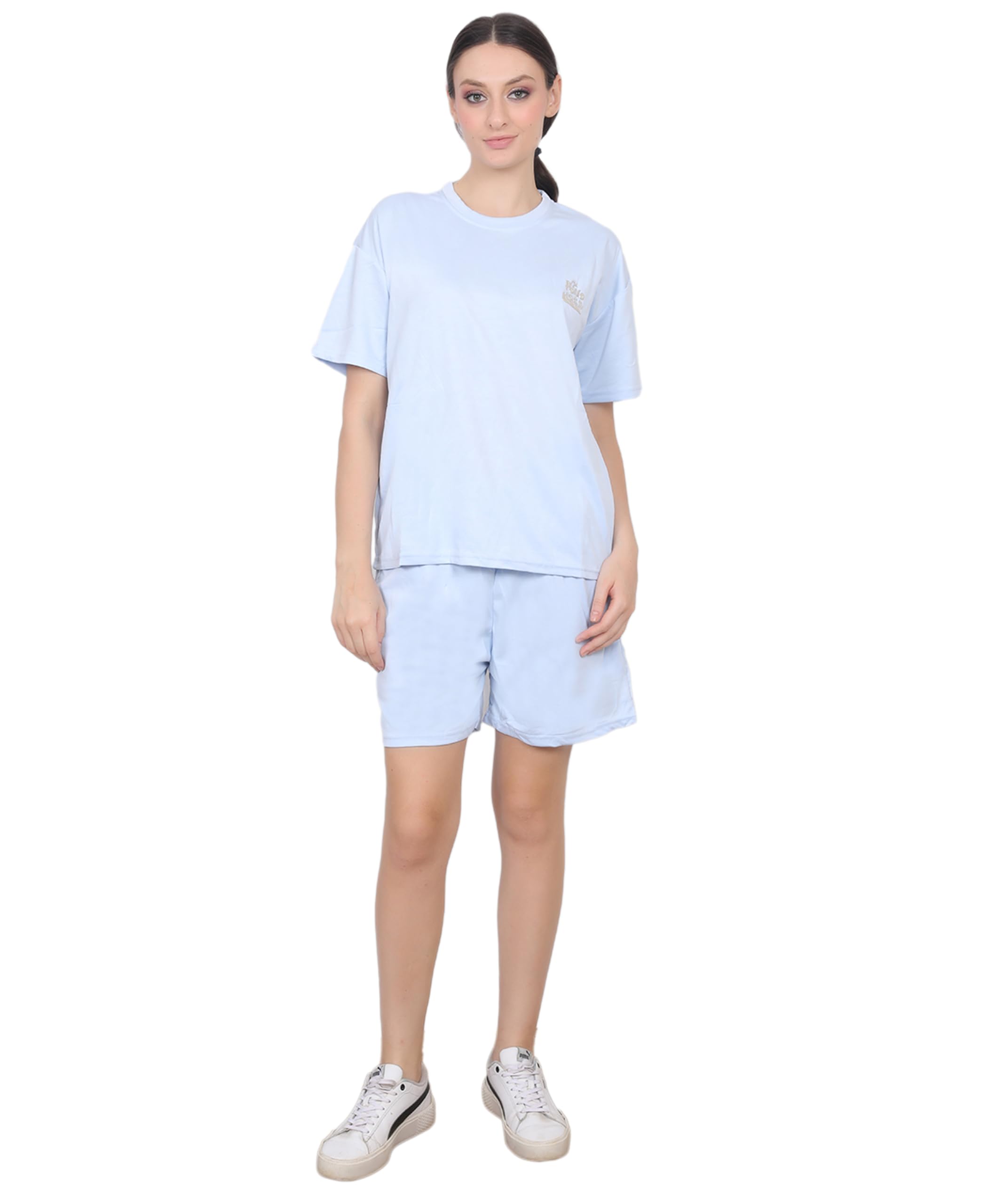 pollo loco Women Solid Tencel Oversized T-Shirt & Shorts Co-Ord Set (IN, Alpha, XL, SKY BLUE)-picture-35