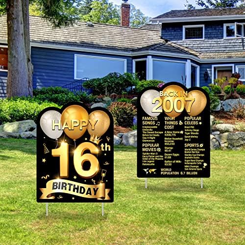 2 Pack 16th Birthday Yard Sign with Stakes, Outdoor Lawn Gold Birthday Sign for Birthday Party Decoration-Born in 2007 Information Decoration- Yard Sign - 2 Piece -Black Gold