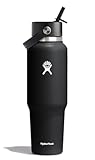 Travel Water Bottle - Insulated Stainless Steel - Wide Straw Lid, Non Spill, Leakproof in 40 Oz Black