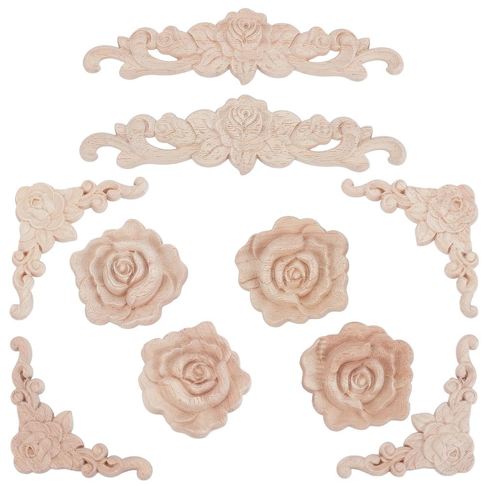 FREEBLOSS 10pcs Wood Carved Appliques Onlays for Furniture 3 Different Wood Molding Embellishment European Rose Pattern Decorative Wood Onlays for Bed Wardrobe Dresser DIY Wood Carving Accents