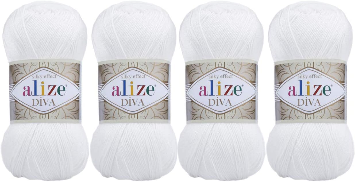 100% Microfiber Acrylic Alize Diva Silk Effect Knitting Sport Crochet Yarn Lot of 4 Ball skeins 400gr 1532yds Color (55 White)