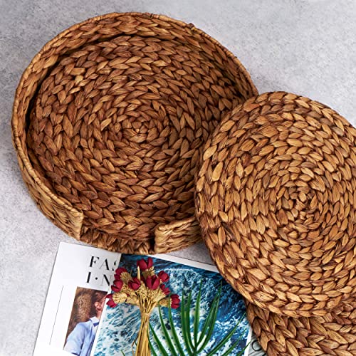 Barien 12 Inches Brown Woven Placemats Round Set Of 6 With Decorative Holder Tray, Natural Water Hyacinth Weave Placemat For Dining Table, Large Handmade Woven Placemats Heat Resistant Non-Slip #TOP2