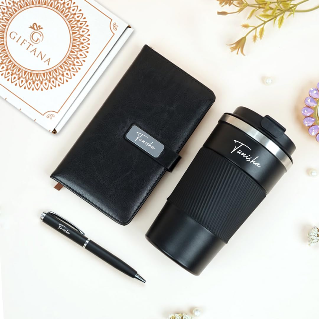 Giftana Personalized Diary with Pen, Coffee Tumbler 510ml with Name, 3 in 1 Customized Diary, Pen, Tumbler, Personalised Gifts for Husband, Corporate Gifts for Employee (Black)