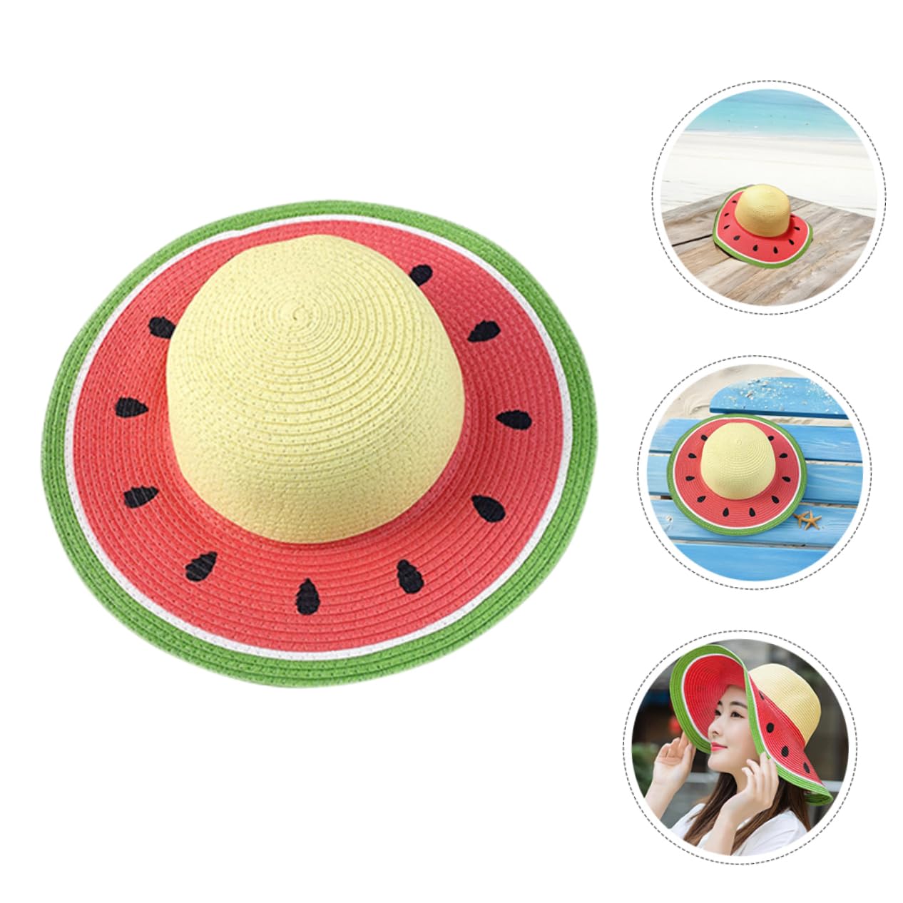 Abaodam Sombrero de Paja para Niña Diseño de Fruta Sandía, ala Ancha, Transpirable y Plegable para Actividades al Aire Libre en Verano