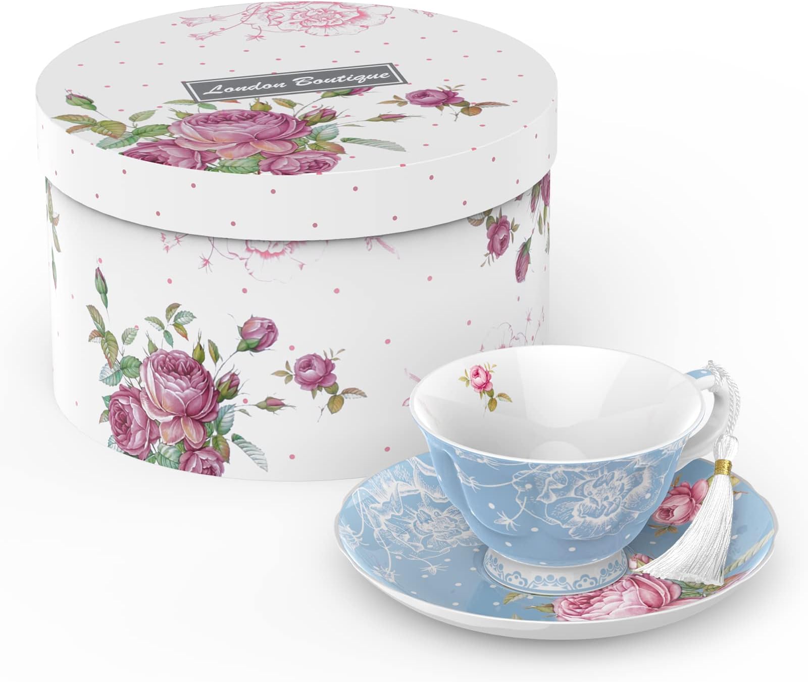 – London Boutique Tea Cup and Saucer Set 1 Afternoon Tea Set New Bone China Vintage Flora Gift Box 200m (Blue)