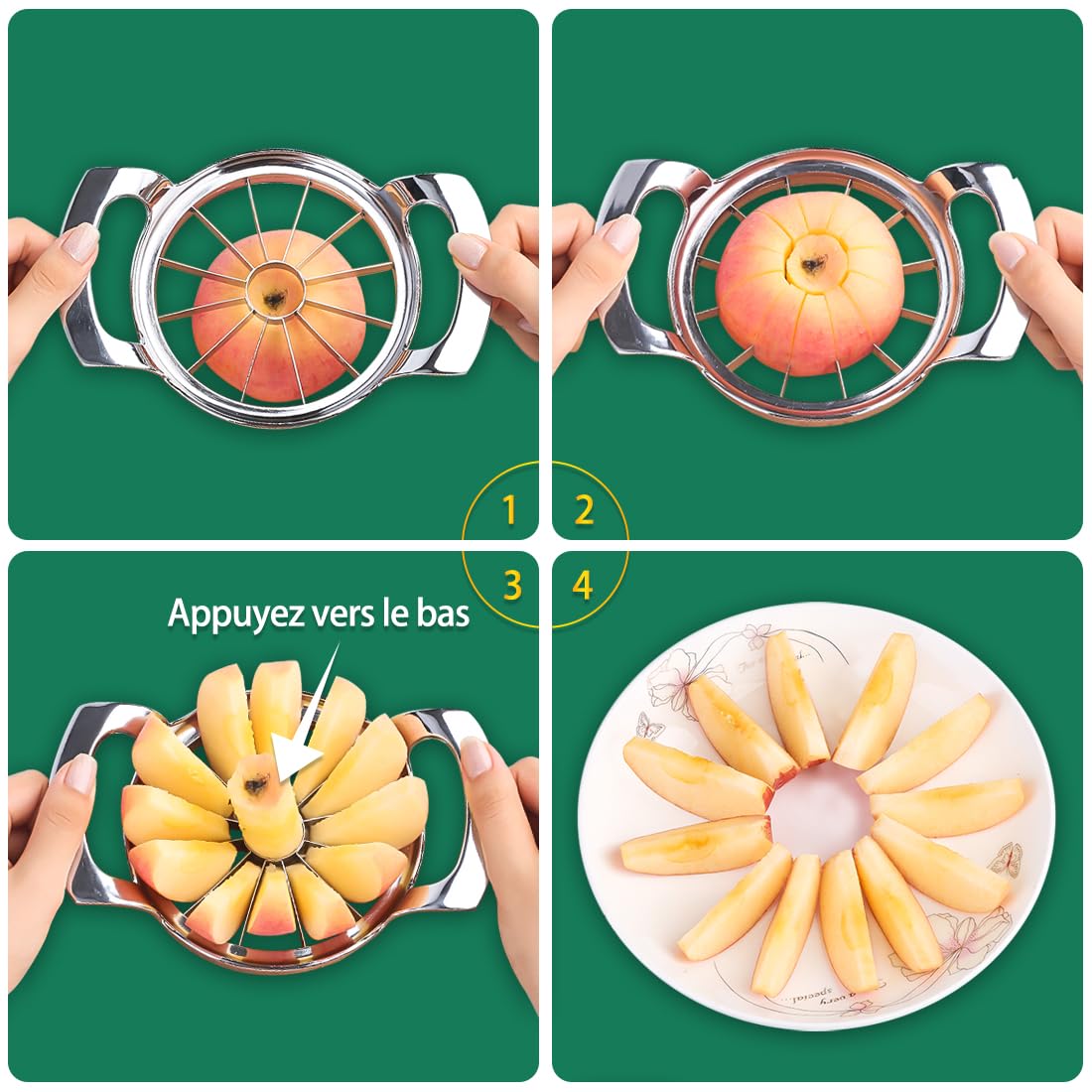 Trancheuse de pommes en acier inoxydable 12 lames extra large coupe jusqu'à 4 pouces