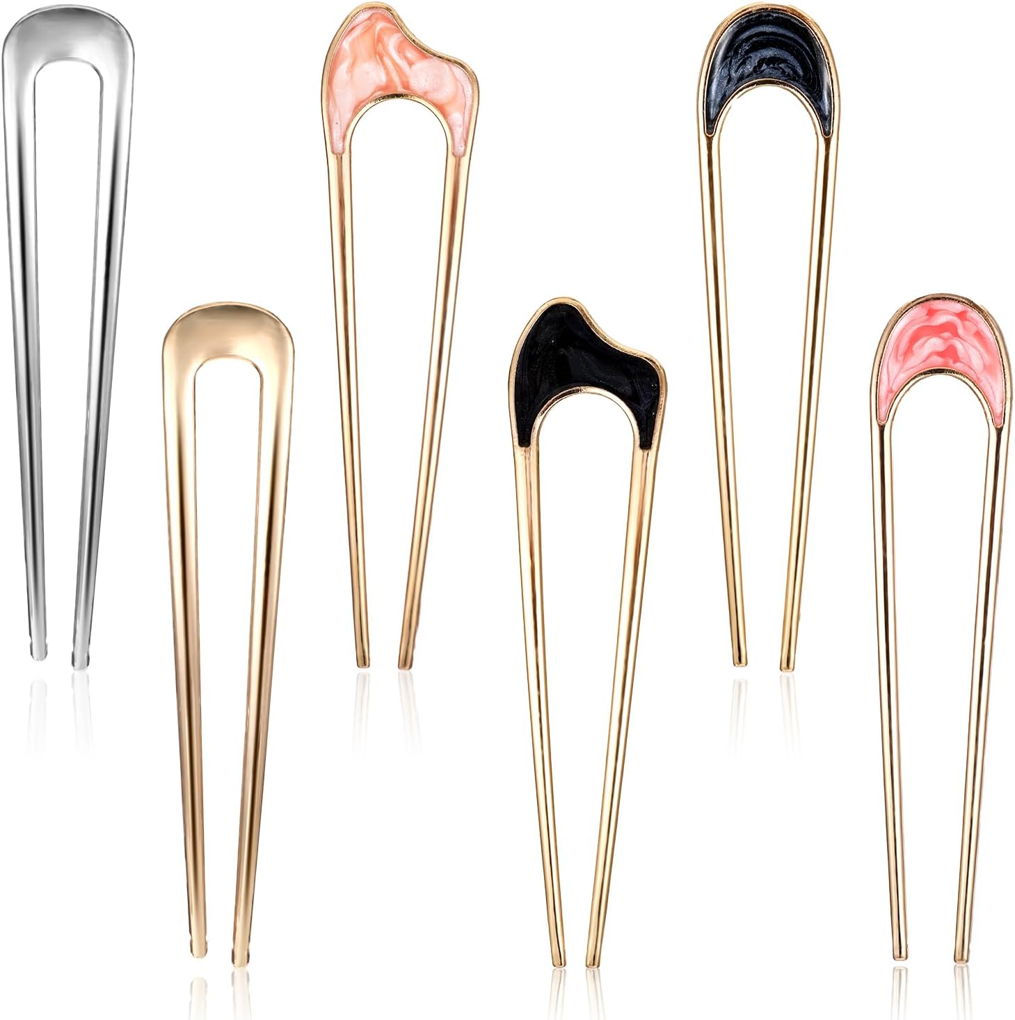 Nogeqi 6 Pcs French Twist Hair Pin, Vintage U Shaped Metal Pins for Hair Bun, Fork for Women, Gold Silver Chignon Accessories for Thick Thin Hairstyles
