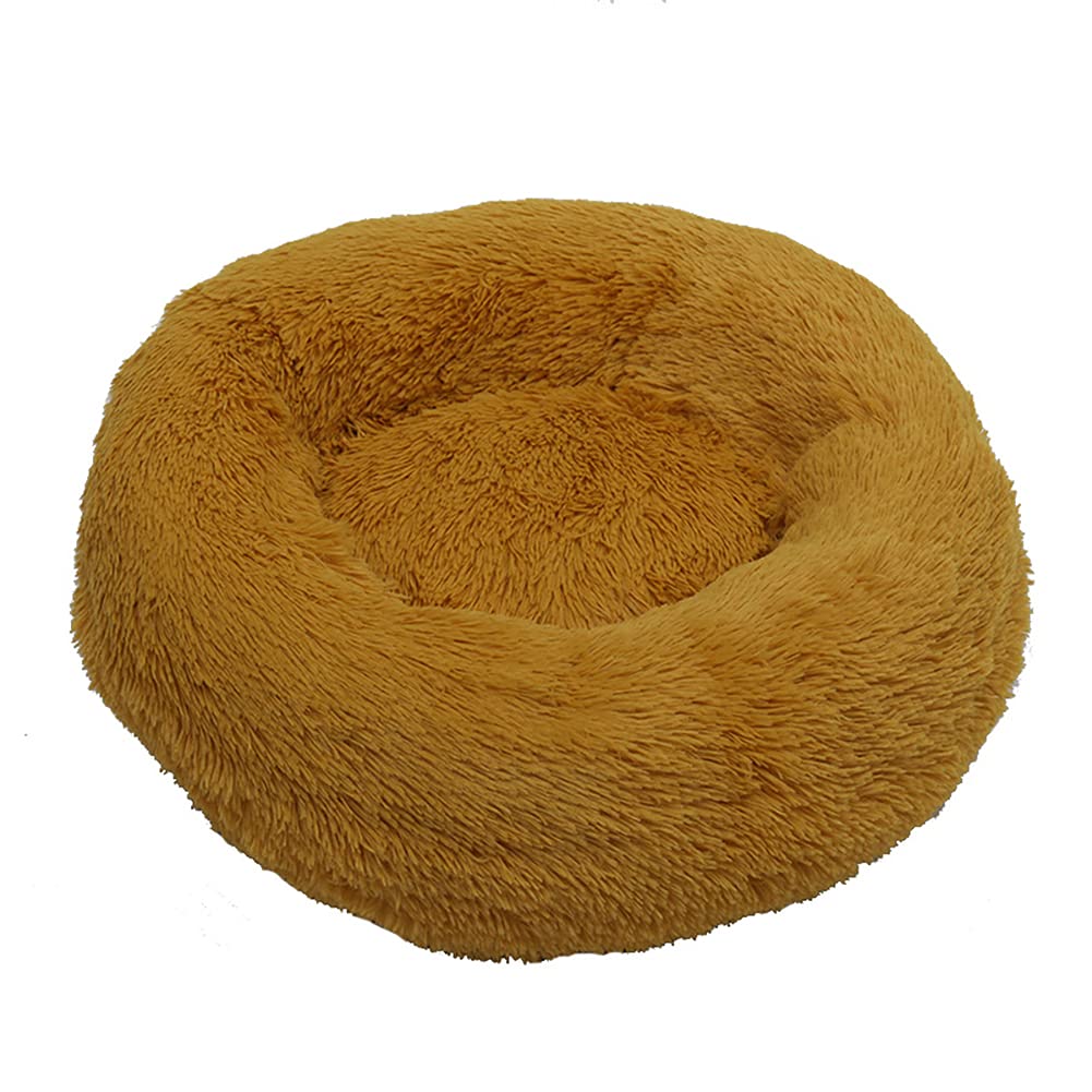 Cozomiz Calming Faux Fur Dog Beds Calming Donut Cuddler Dog Bed Washable Round Cat Bed Pillow Cuddler Fluffy Indoor Dog Calming Beds with Anti Slip Bottom Solid Color Yellow 20 Inch