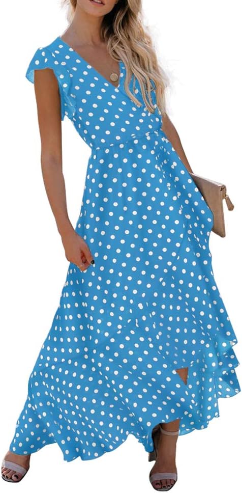 GRECERELLE 2025 Women's Spring Summer Boho Floral Print V-Neck Faux Wrap Maxi Dress for Wedding Guest, Graduation, Party Large 07 Polka Dots-light Blue image 3 of 8 B07V6S6CQC