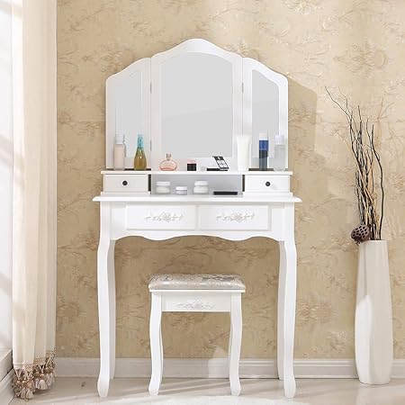Amazon Boju 姫系 ドレッサー 鏡台 三面鏡 ホワイト おしゃれ 椅子付 収納庫付 引き出し ジュエリ 小物入れ 姿見 ミラ 猫足 木製 白 組立品 鏡台 ドレッサー オンライン通販