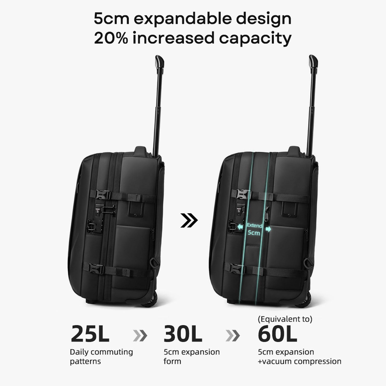Rozszerzalny Plecak na Kółkach 25-60L | Plecak na kółkach 2 w 1, kompresja próżniowa, blokada hasłem, szybkie ładowanie przez USB, tkanina Oxford