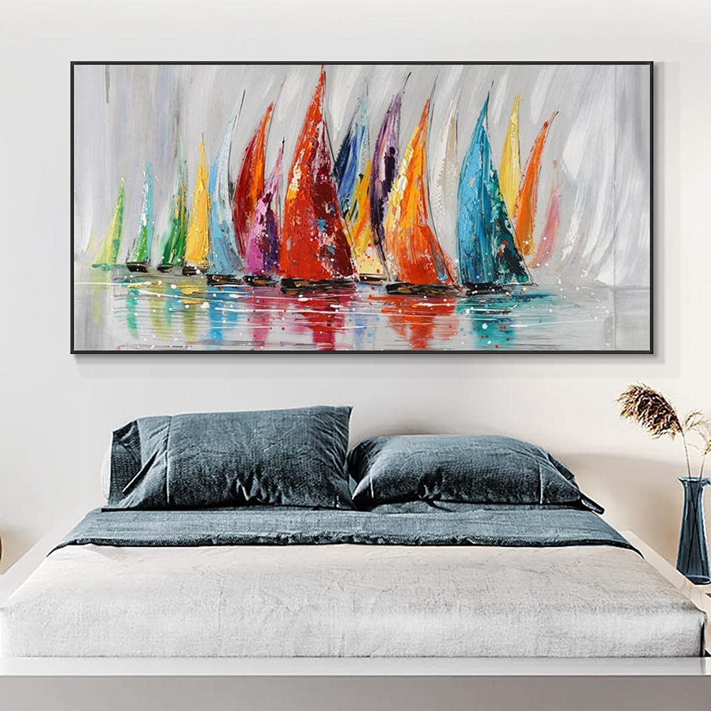 Wall Art, Posters Prints Yiqing Colorful Sailing Boat Painting Hand Painted Canvas Oil Paintings Modern Wall Art For Living Room Decor posters for room aesthetic 50cmx100cm