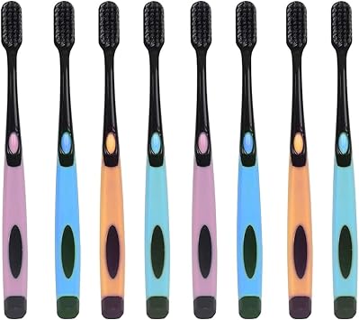 Activated Charcoal Toothbrush, Manual Soft Toothbrush for Adults, Ultrafine, High Density Contact Tapered Bristle & Slim Design, Protect Fragile Gums8 Count Pack of 1