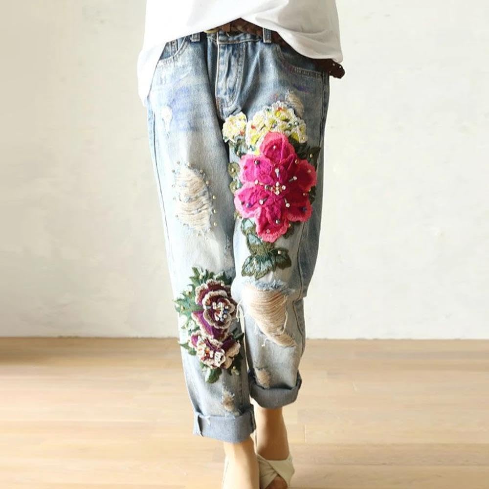 Women's Floral Embroidered Vintage Straight Jeans Pants High Waist Loose Casual Harem Pants