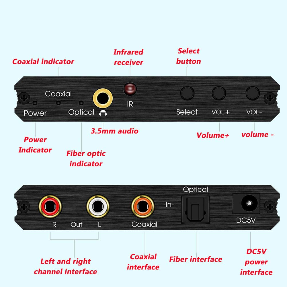 Decodificatore Audio, convertitore Audio Digitale, regolatore Bassi DAC 192kHz, con Adattatore Segnale Audio remoto, Ottico, coassiale, RCA, Uscita Audio 3,5 mm