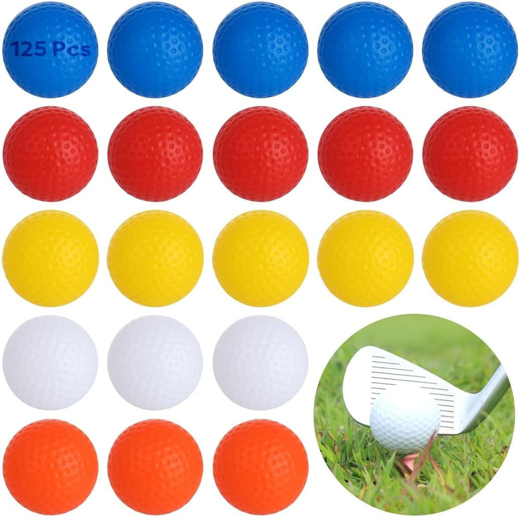 125 Count Hollow Plastic Golf Practice Balls with Dimpled, Lightweight Limited Flight Design for Skill Training, Home Use, and Party Extras